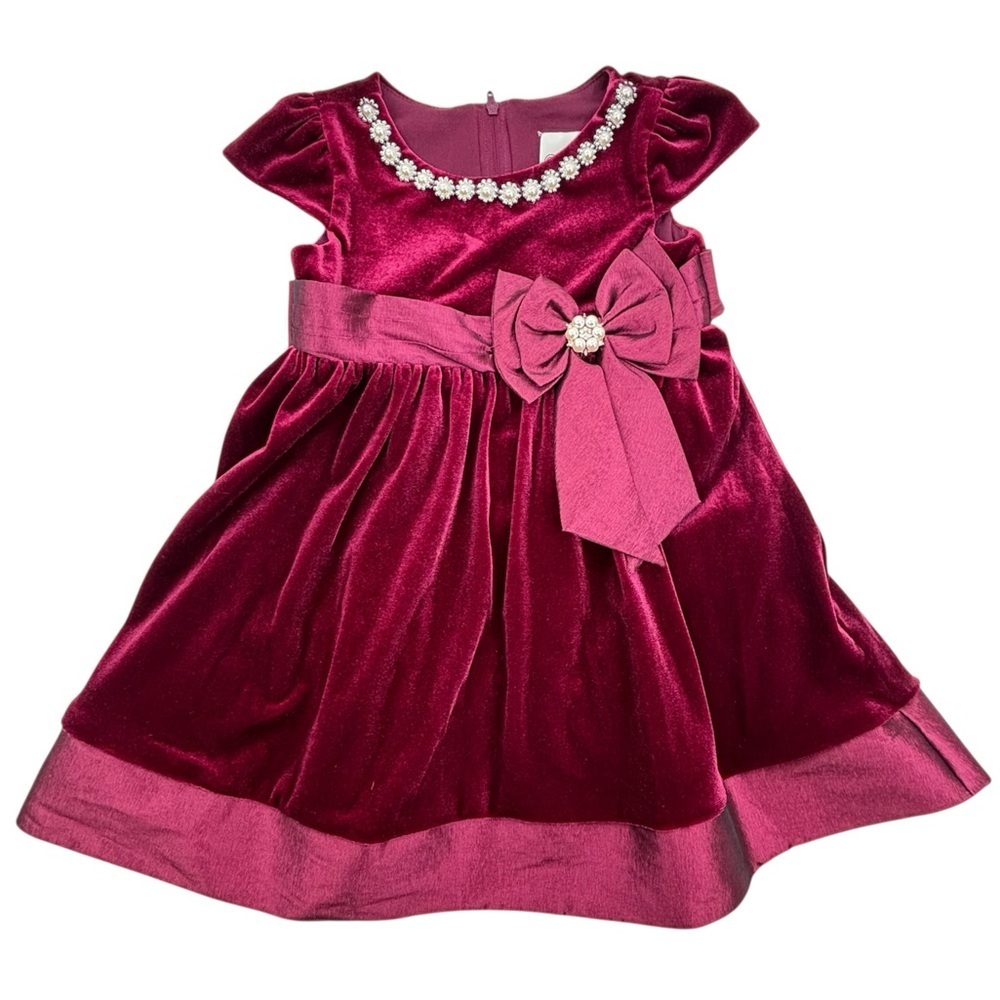 Rare Editions Little Girls Cap Sleeve Fit Flare Velvet Bodice with Bow Dress 3T